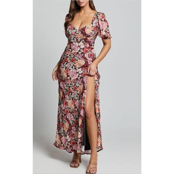 Showpo Maxi Dress Womens 8 Floral Cut Out Side Slit Fall Thanksgiving - Picture 1 of 5